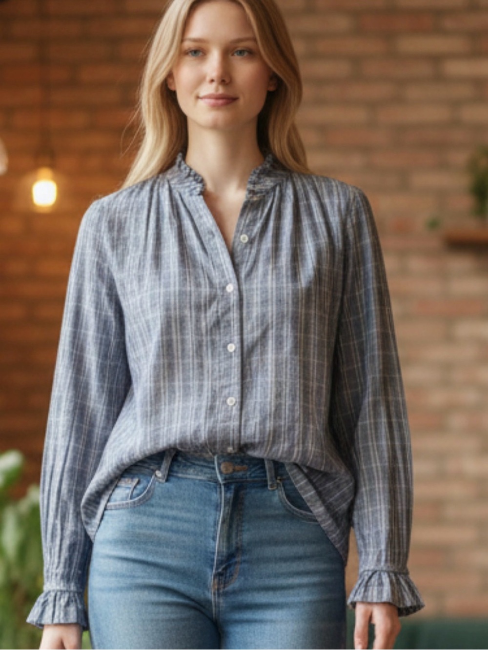Trovata birds of Paradise Blue Gray Plaid Ruffle-Neck Button-Front Shirt XS
